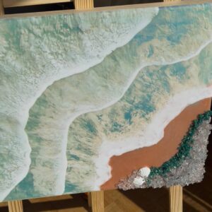 Tableau bleu océan en résine époxy avec vagues blanches Irena Crystal